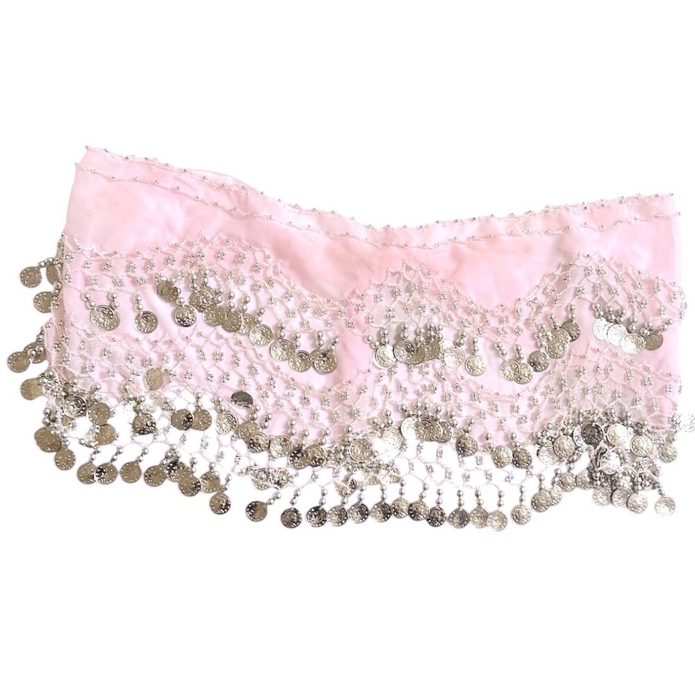 Belly Dance Hip Scarf Coin Belt Pink Chiffon Skirt Wrap Silver Rave 3 Tier Zumba